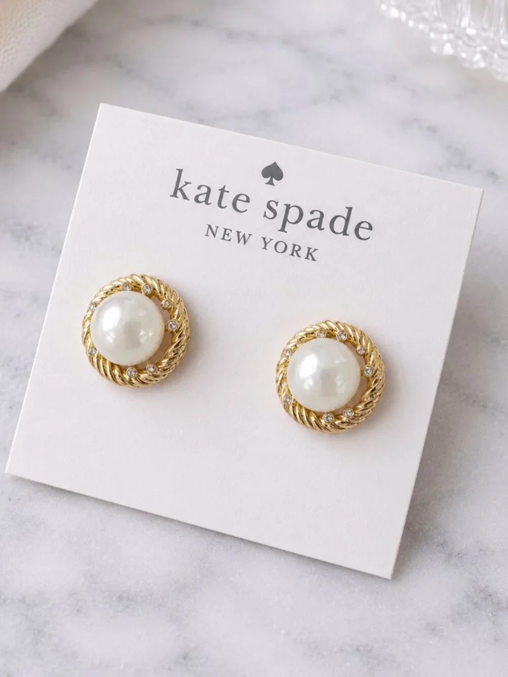 Kate Spade Pearl Stud Earrings Gold Crystal Halo Rope Statement Vintage Style